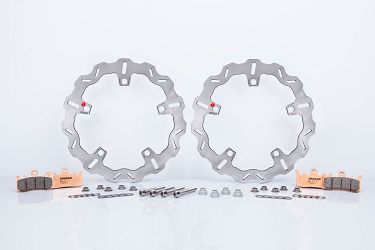 KOMPLET TARCZE HAMULCOWE WAVE 320 MM Z KLOCKAMI HAMULCOWYMI ORAZ KOMPLETEM ŚRUB MONTAŻOWYCH BRAKING OKWH01