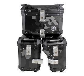 ZESTAW 3 KUFRÓW ALUMINIOWYCH (30L ASYMETRYCZNY + 36L + 45L) COOCASE SZARY CAMO Z TORBĄ WEWNĘTRZNĄ